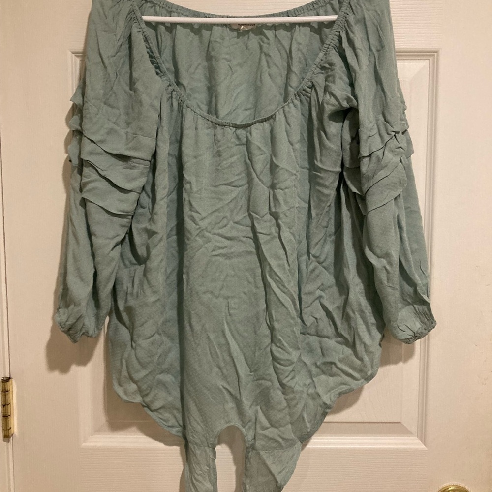 Eyeshadow Green Ruffled Tie Front Blouse with Bib Collar - Picture 10 of 11